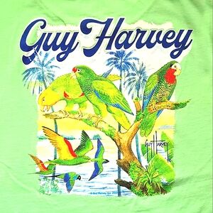 Guy Harvey Parrots Tropical Birds Graphic T-shirt Light Green, Mens Small EUC